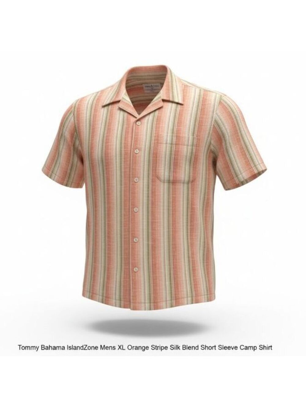 Tommy Bahama IslandZone Men L Orange Stripe Silk Blend Textured S/S Camp Shirt